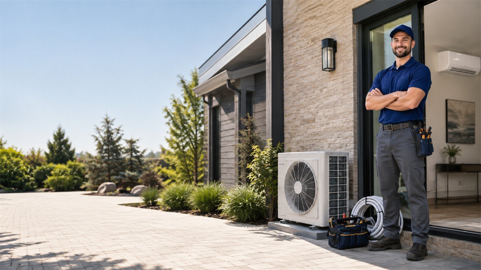 HVAC technician standing beside an installed outdoor mini-split condenser at a home